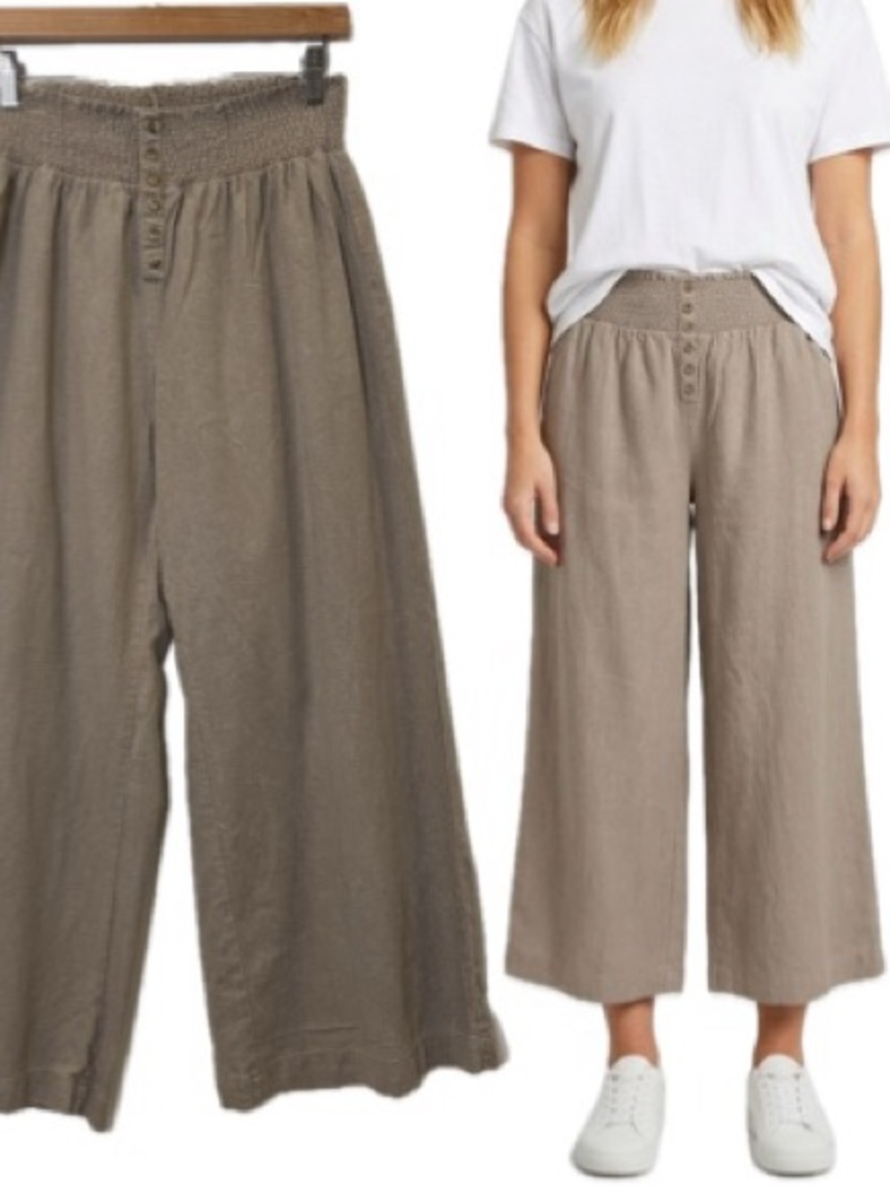 Indigo Rein Wide Leg Cropped Pant Size M Taupe Linen Blend Pull On Smocked Waist